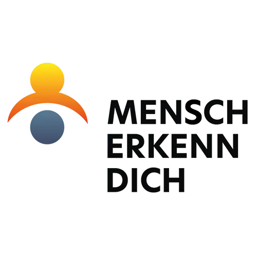 Logo mit Text Mensch erkenn dich und stilisierter Menschengrafik