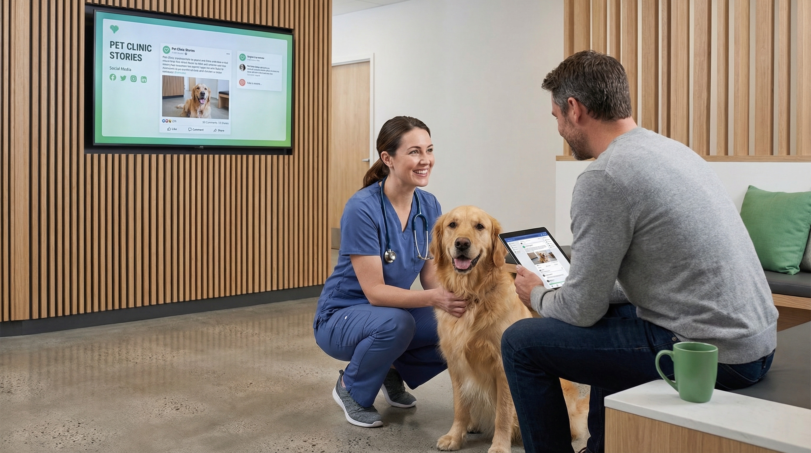 Tierarztbesuch mit Golden Retriever und Tablet in moderner Praxis