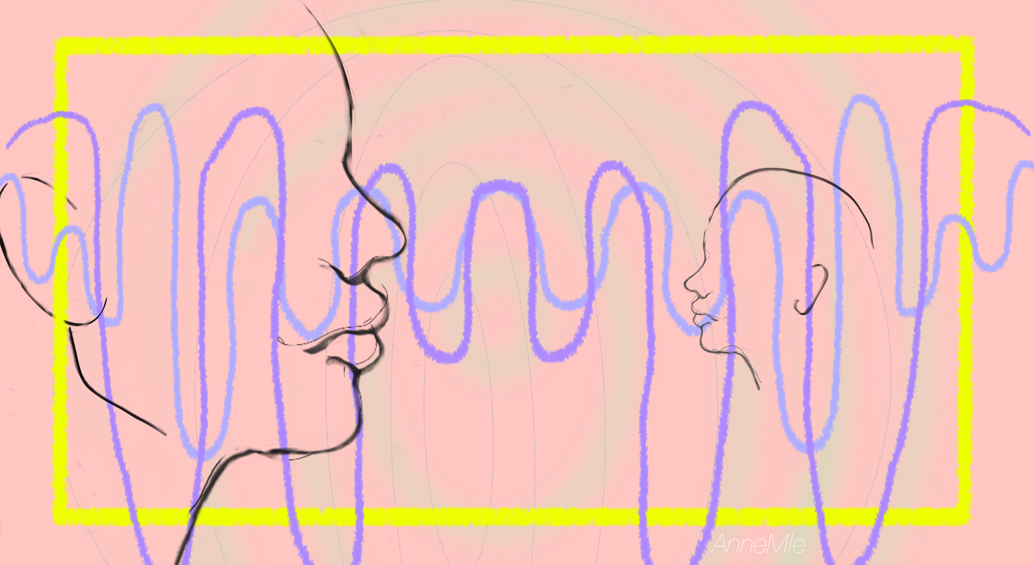 Abstrakte Zeichnung von zwei Profilgesichtern mit bunten Wellenlinien auf rosa Hintergrund