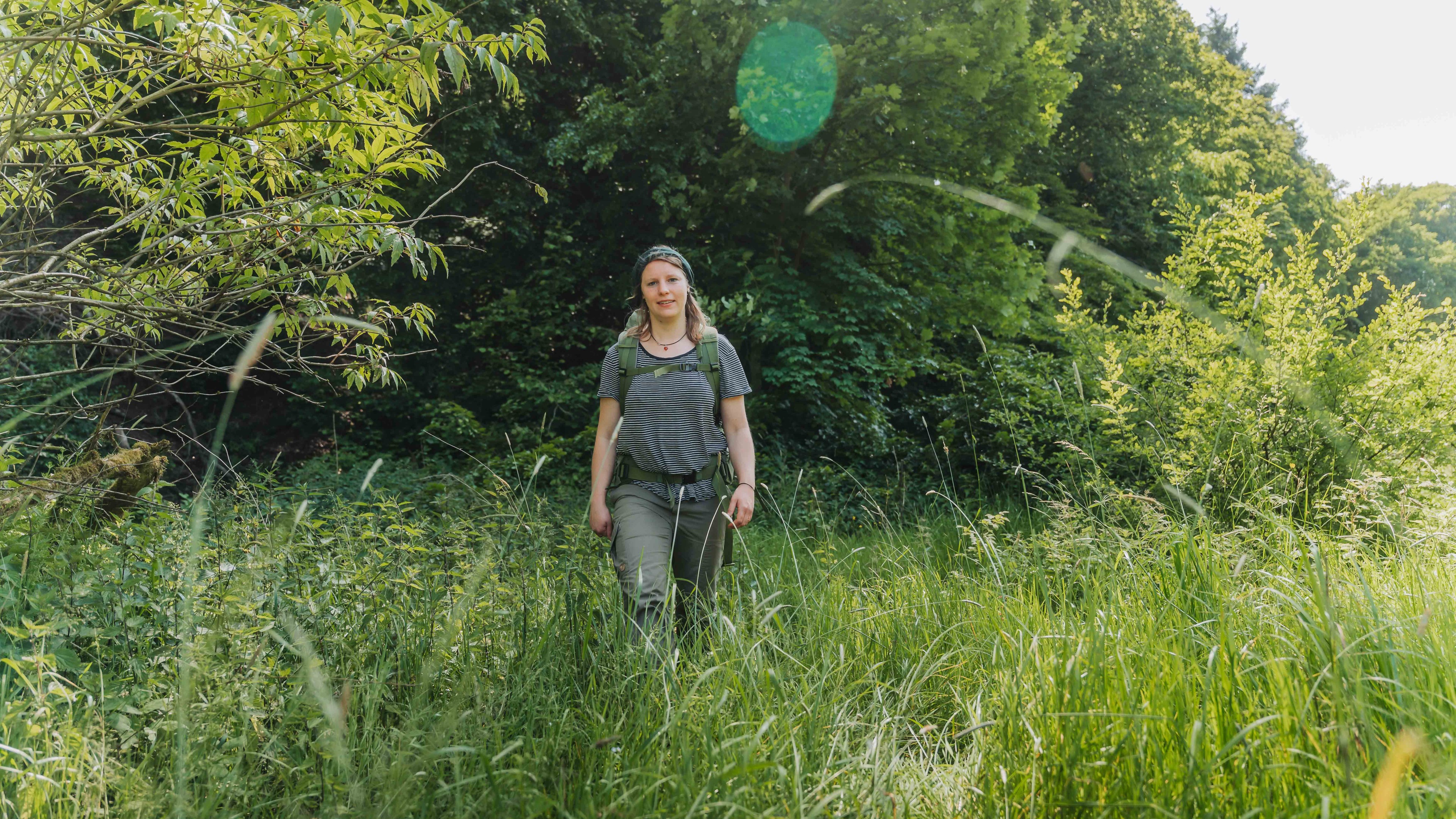 Person mit Outdoor-Ausrüstung wandert durch grünes Gras im Wald – alea alternativ s 24