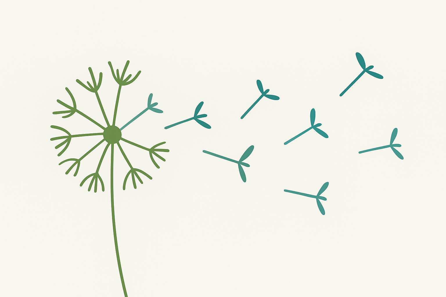 gwo chatgpt image – stilisierte Pusteblume mit fliegenden Samen auf hellem Hintergrund