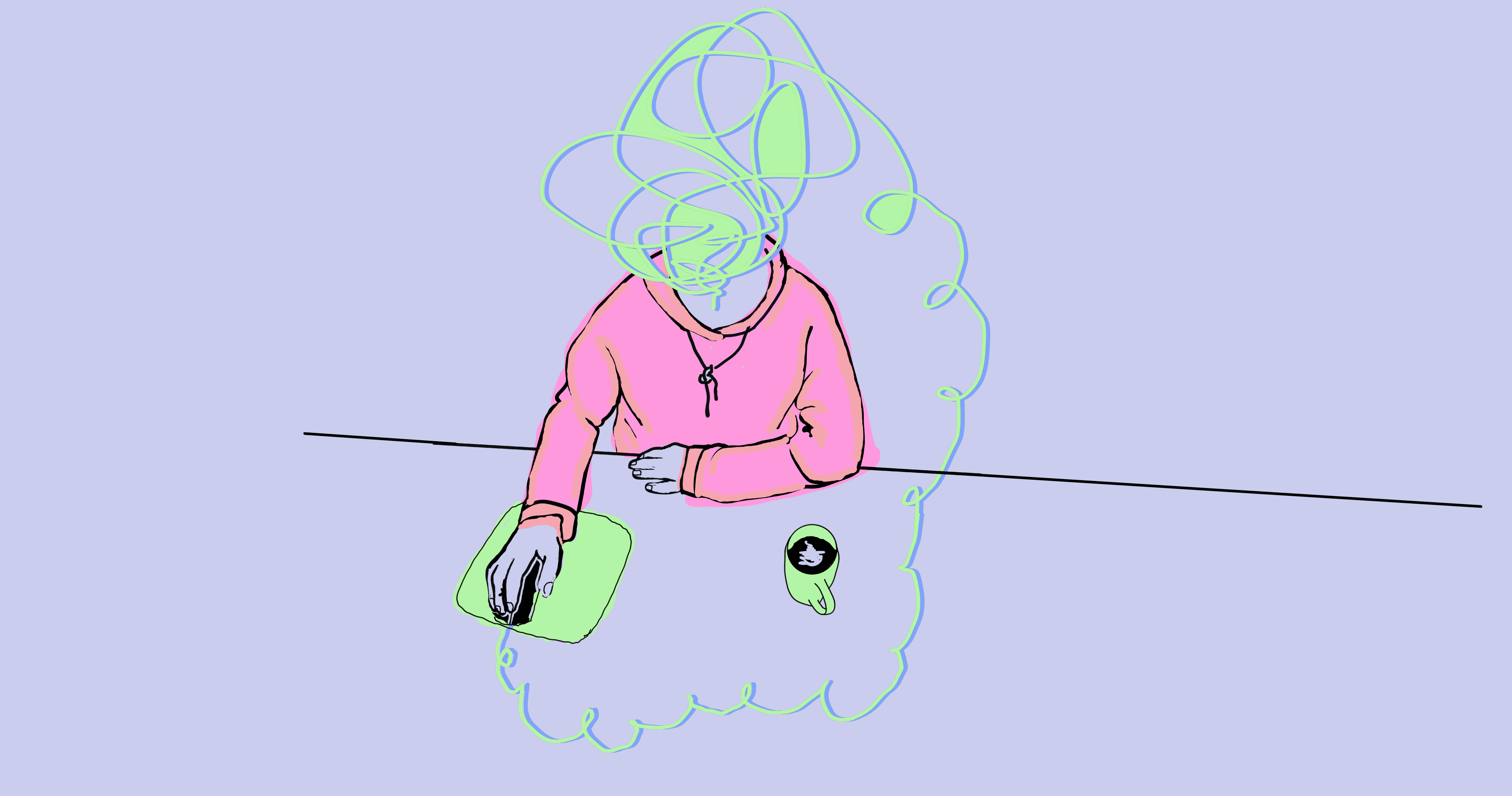 Illustration einer Person mit wirren Linien als Kopf, am Schreibtisch mit Maus und Tasse, symbolisiert kreative Gedanken oder Überforderung