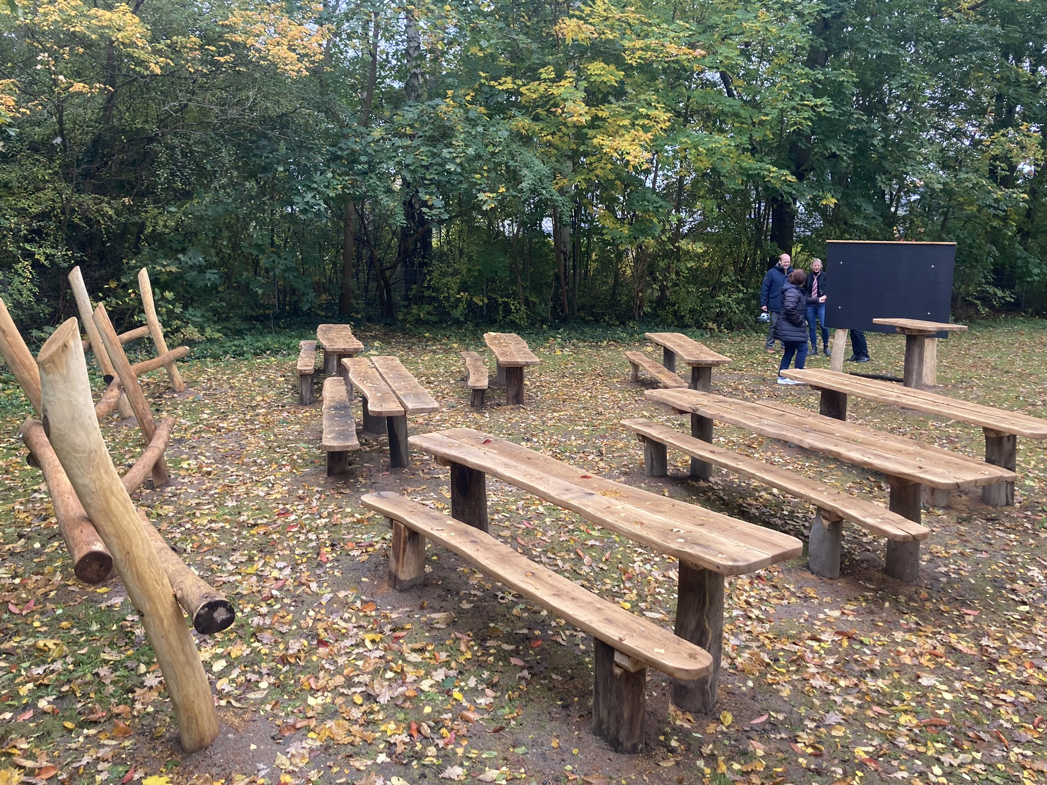 Holzbänke und Tische im Freien auf einer Waldlichtung, herbstliche Blätter am Boden