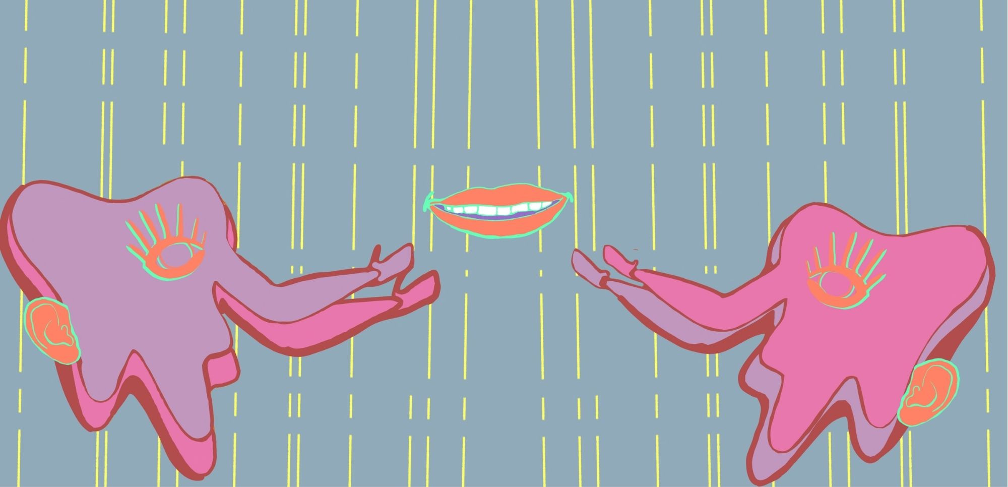 Illustration zu Feedback und Bewertung: Zwei Hände und ein lächelnder Mund symbolisieren Kommunikation und Rückmeldung