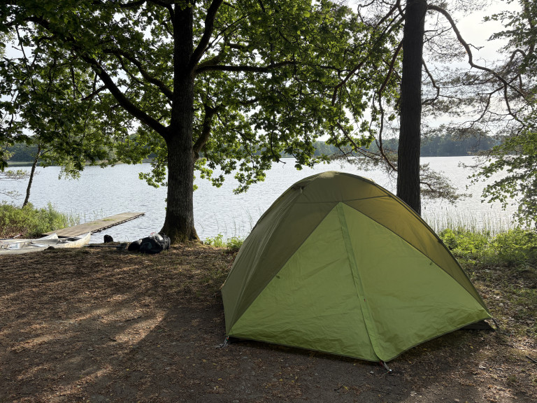 Grünes Zelt am Seeufer unter Bäumen mit Steg und Campingausrüstung