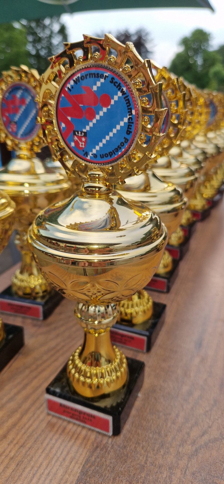 Reihe goldener Pokale auf einem Holztisch, Nahaufnahme, Pokal mit Vereinslogo im Fokus