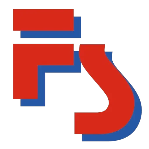 Logo FS in Rot und Blau auf schwarzem Hintergrund
