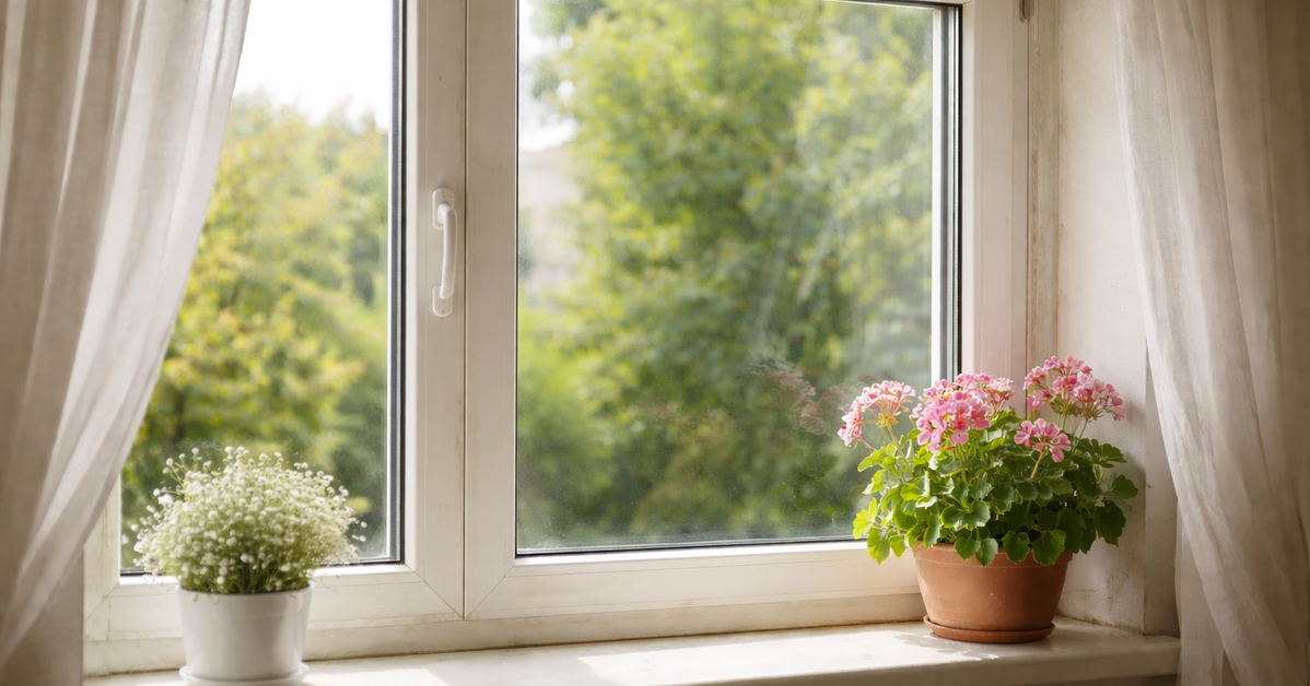 Fenster mit Kunststoffrahmen und Blumen auf der Fensterbank