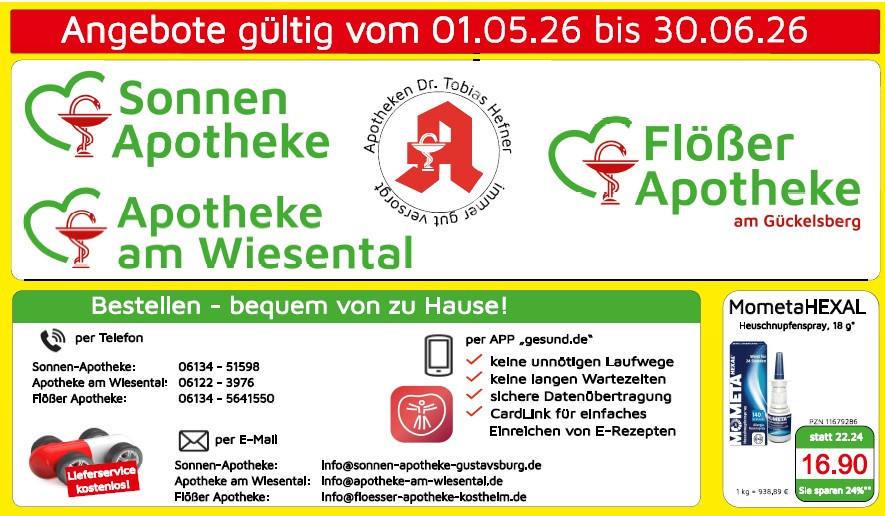 Angebotsflyer der Apotheken Dr. Tobias Hefner, Sonnen-Apotheke, Apotheke am Wiesental und Flösser Apotheke mit Kontaktinformationen und Hinweis auf die App gesund.de, gültig vom 01.05.26 bis 30.06.26.