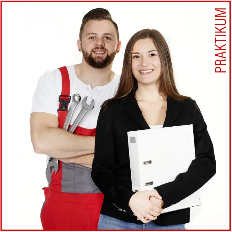 Praktikum im Handwerk und Büro – junge Menschen mit Arbeitsmaterialien