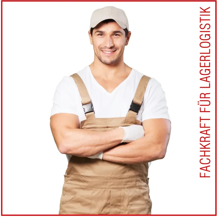 Azubi Fachkraft für Lagerlogistik in Arbeitskleidung mit verschränkten Armen