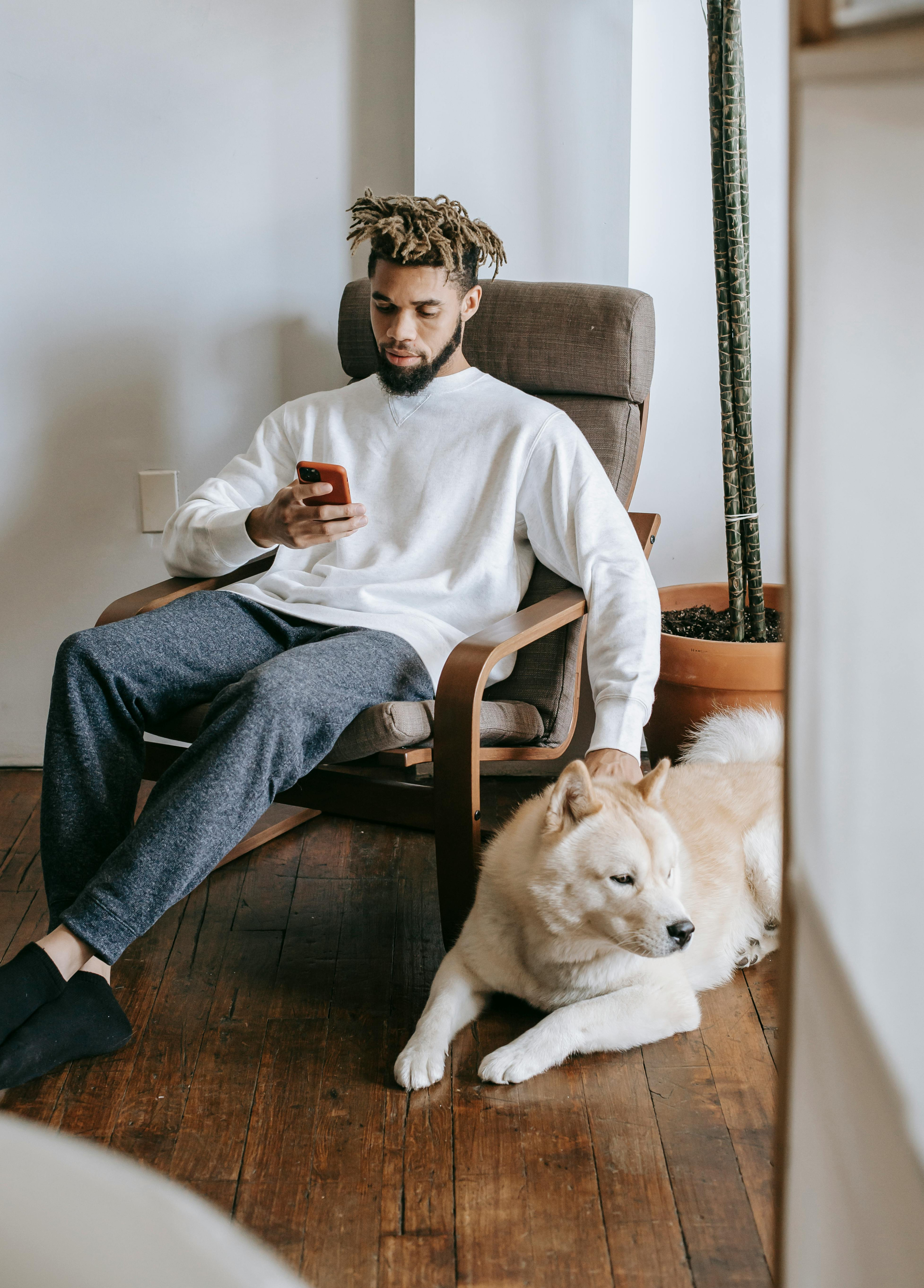 Person mit Hund und Smartphone sitzt entspannt im Sessel