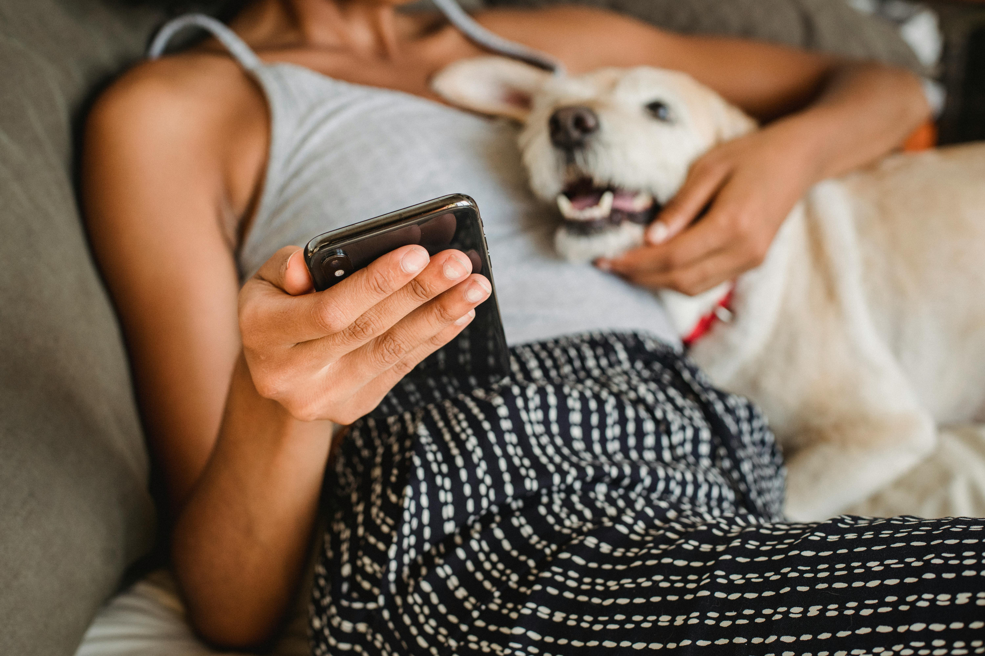 Person entspannt mit Haustier und Smartphone auf dem Sofa