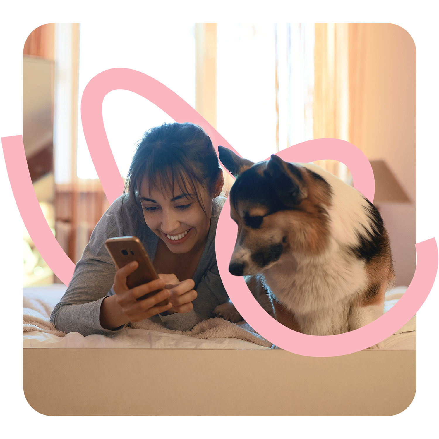 Vecademy KI Innovation Header: Frau mit Smartphone und Hund auf Bett, modernes Design