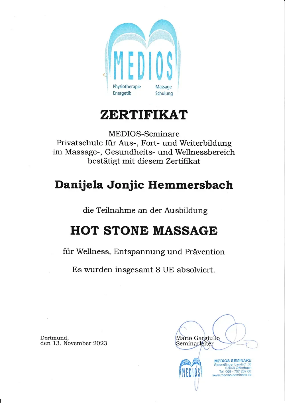 Zertifikat Hot Stone Massage Ausbildung MEDIOS-Seminare