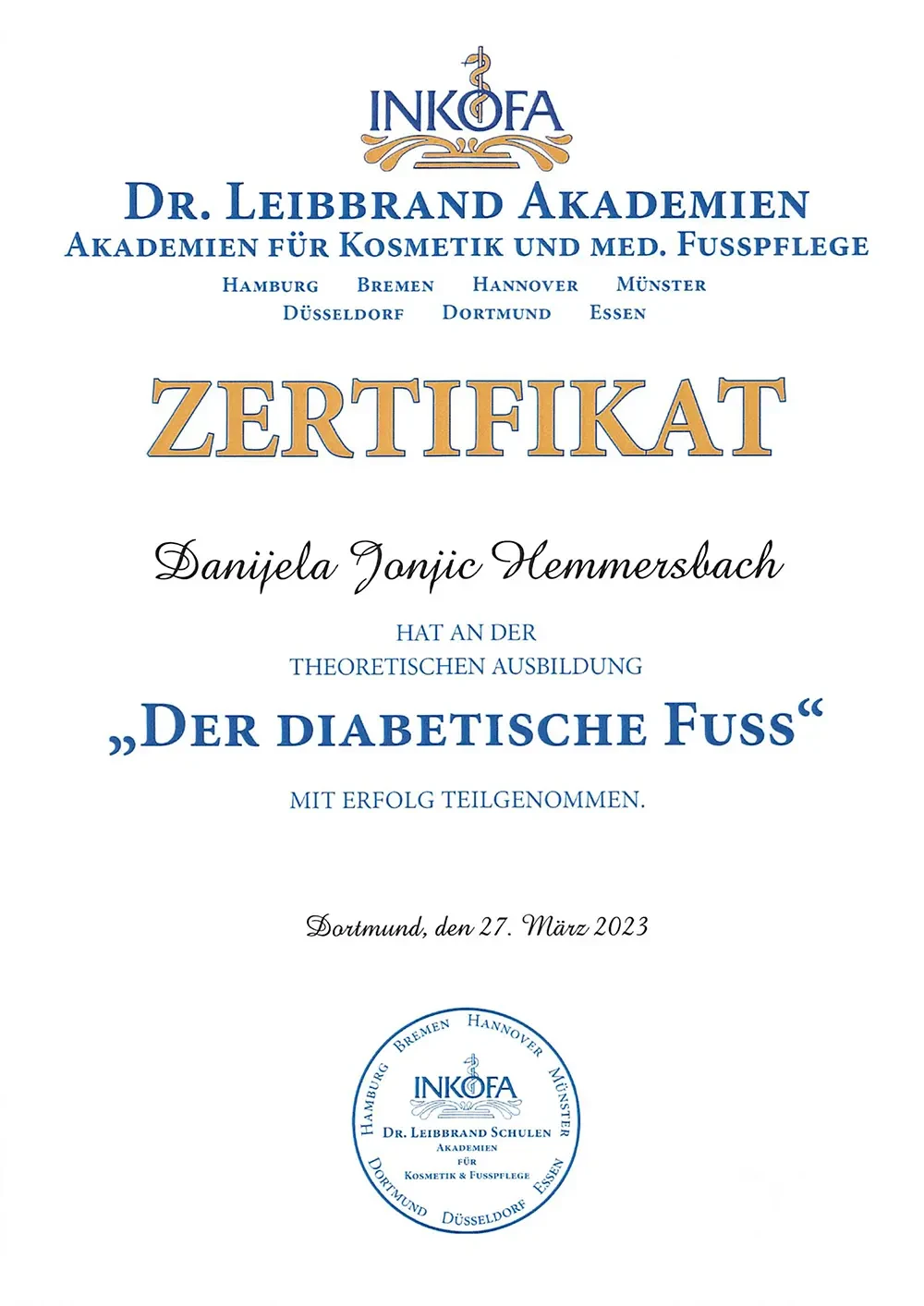 Zertifikat theoretische Ausbildung Der diabetische Fuß Dr. Leibbrand Akademien Dortmund 2023