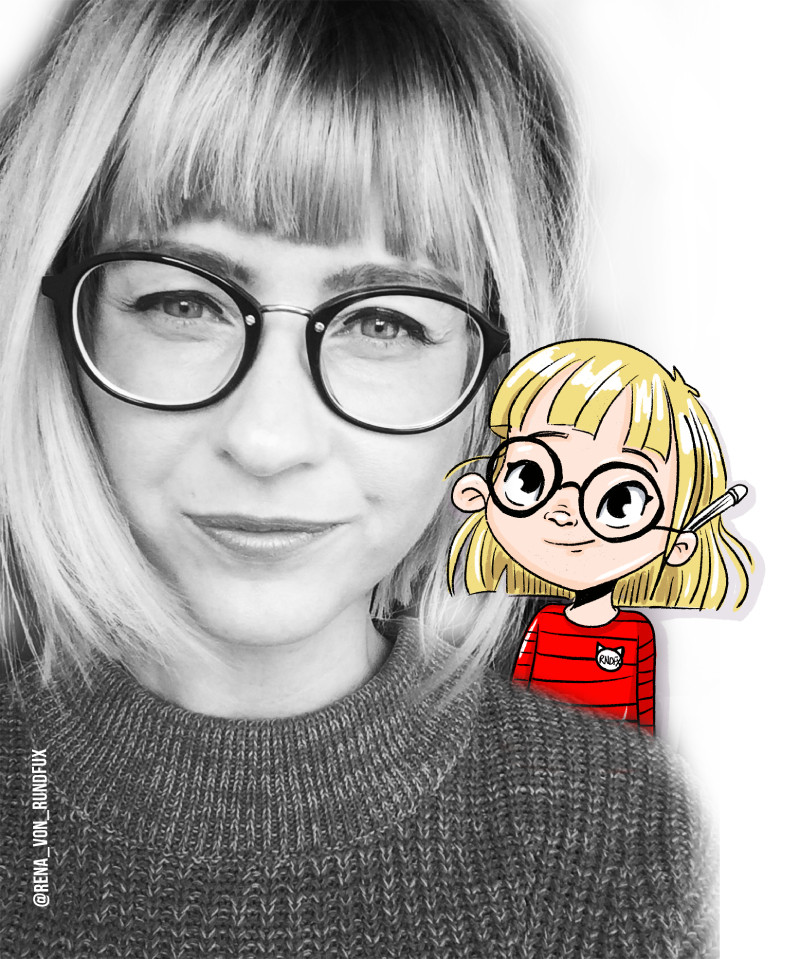 Porträt von Verena Potthast mit gezeichneter Comicfigur, Brille und blonden Haaren