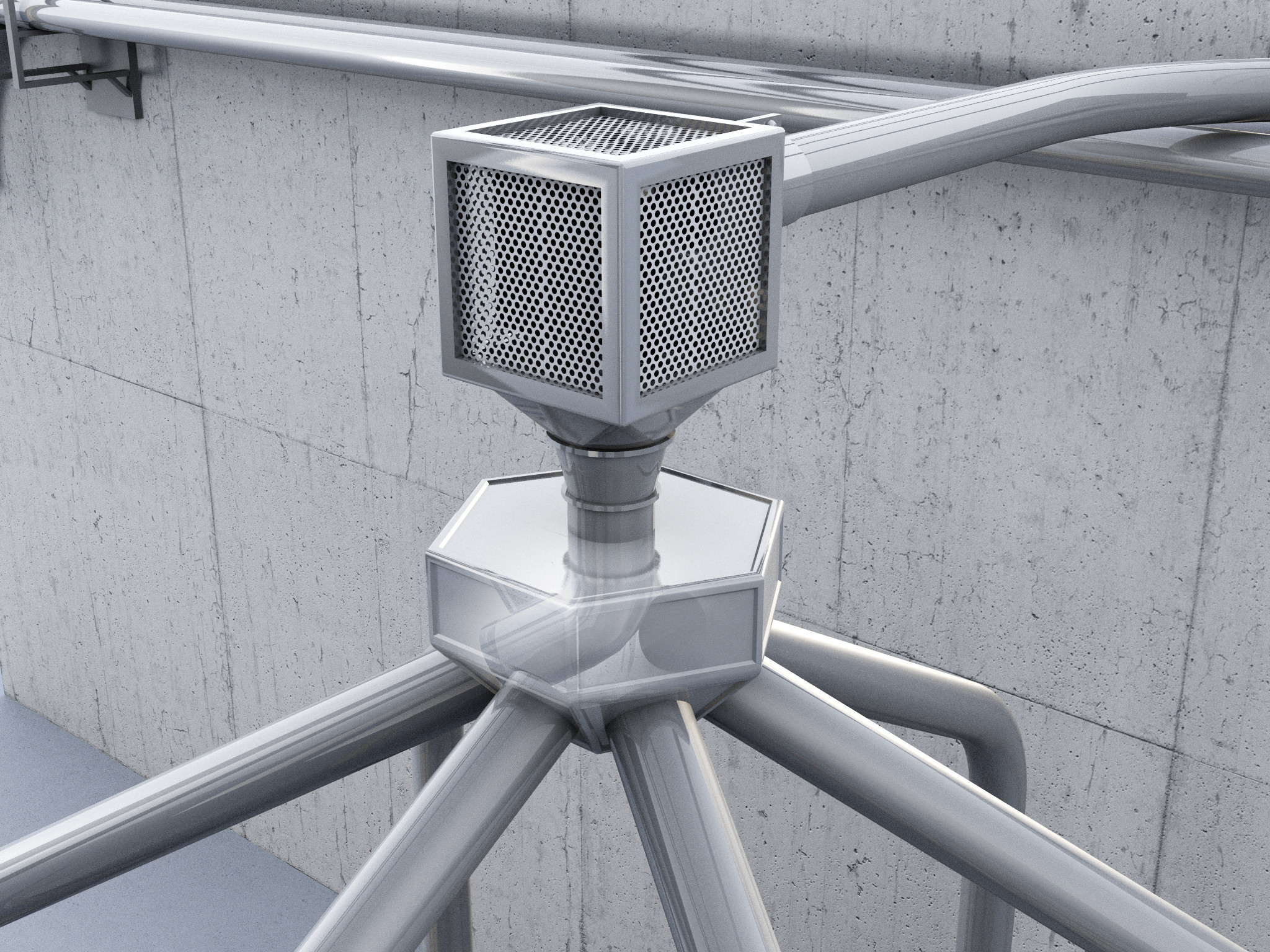 Moderner Drehverteiler aus Edelstahl an einer Betonwand installiert