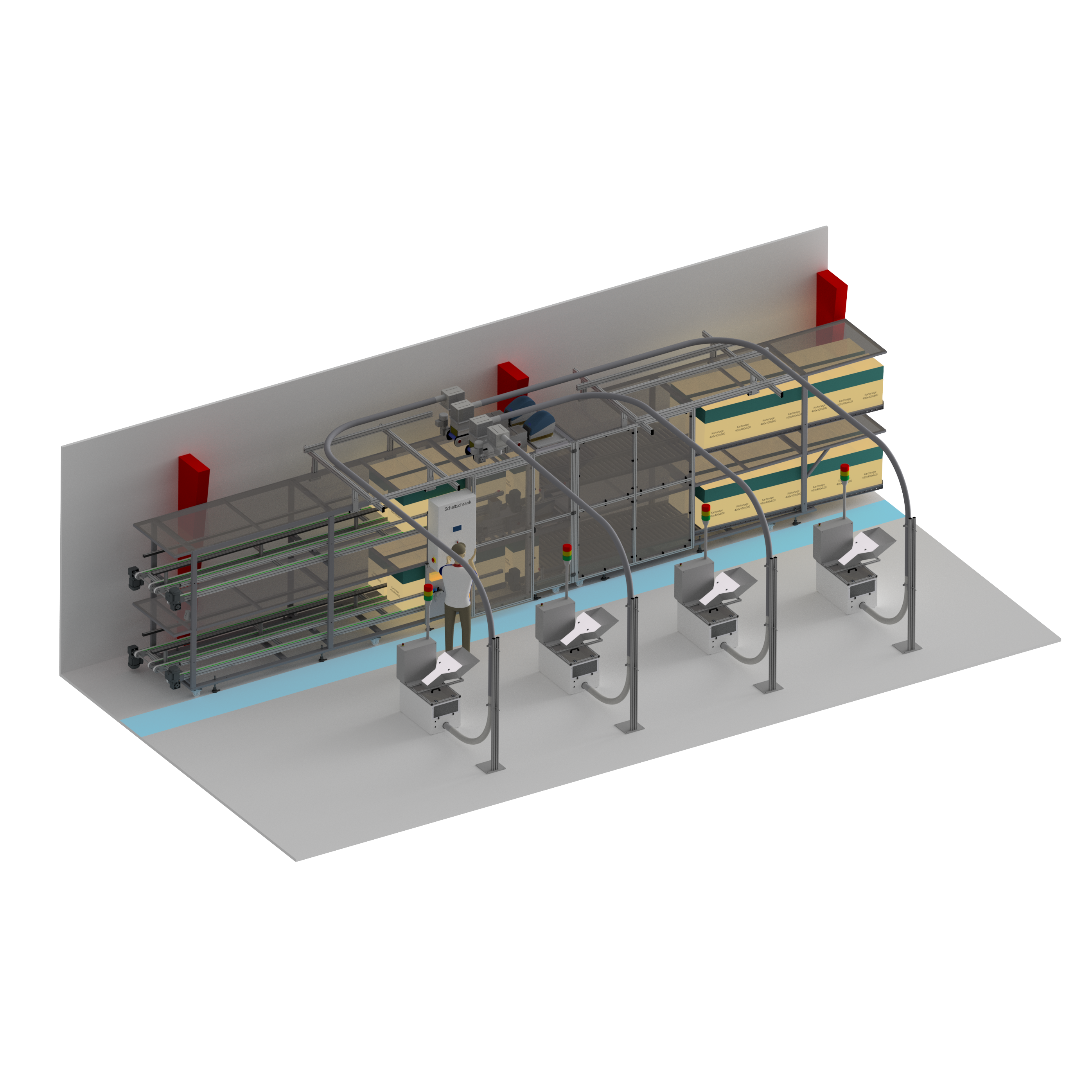 airmove Luftstromfördertechnik mit Pufferung in Kartonagen für mannlose Fertigung