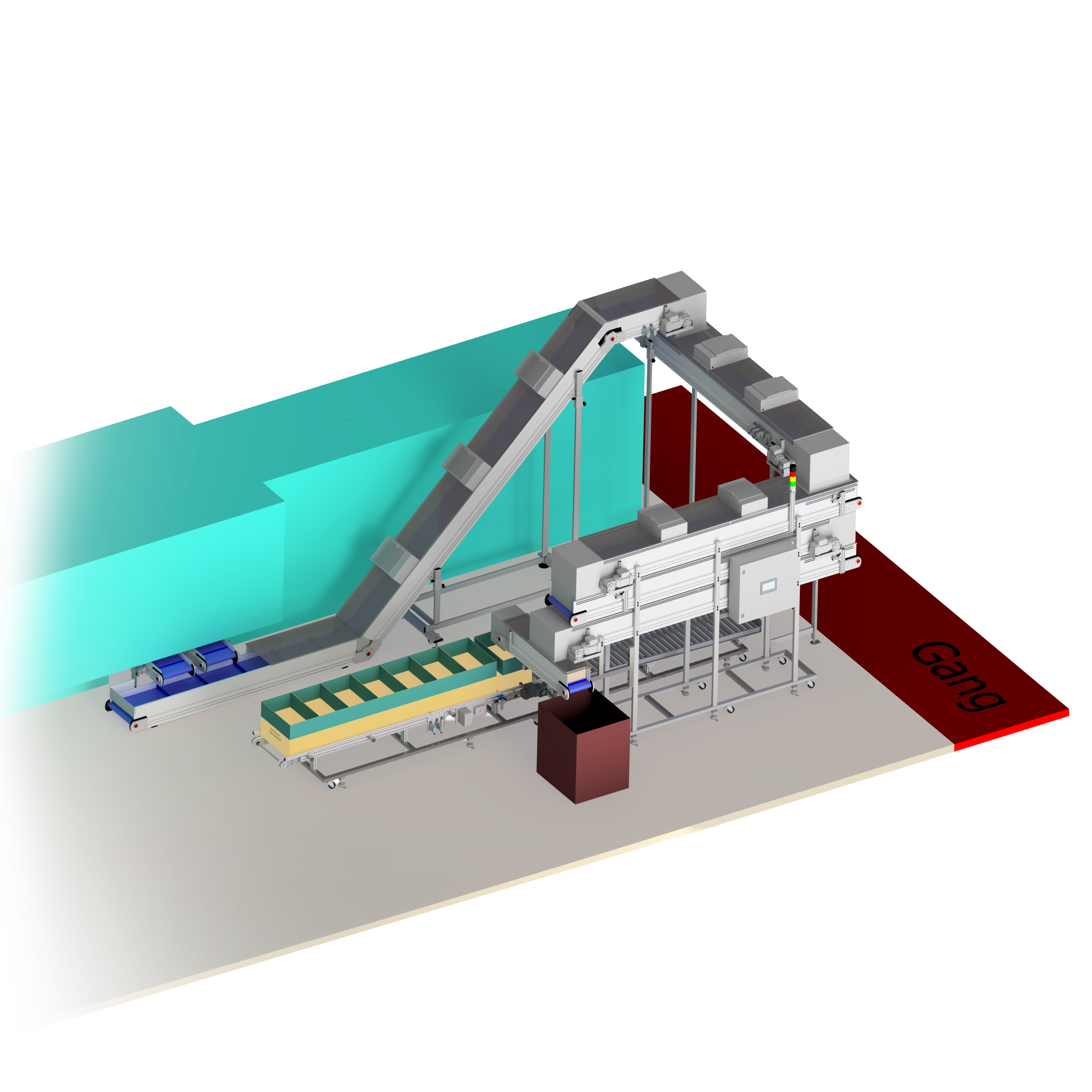 3D-Visualisierung einer Maschinenentsorgung mit Kühlung und anschließender Pufferung in einer Produktionslinie