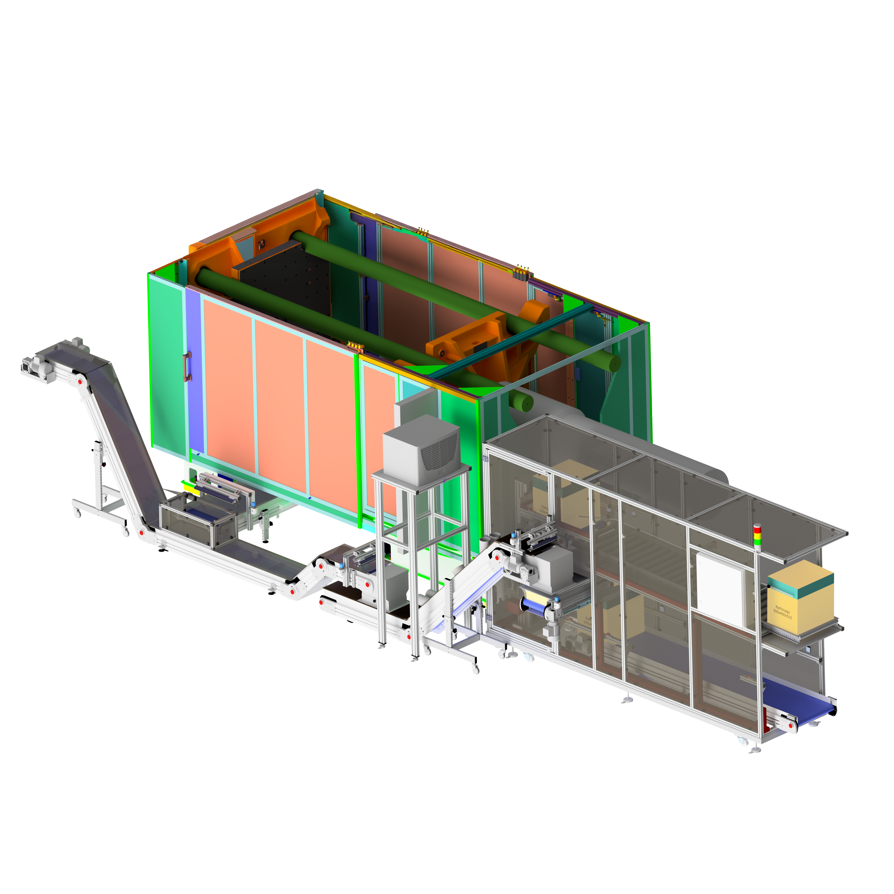 Systemlösung für Fördertechnik und Puffern in der Intralogistik, technische 3D-Darstellung einer automatisierten Förderanlage