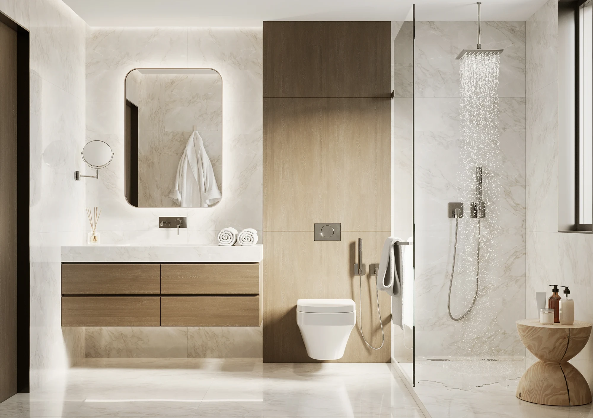 Modernes, fugenfreies Badezimmer mit Holz- und Marmorelementen, wandhängendem WC und begehbarer Dusche