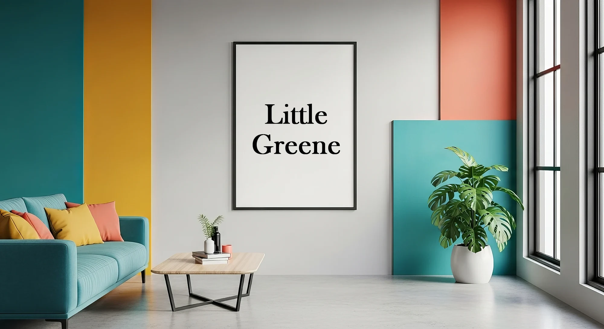 Modernes Wohnzimmer mit Little Greene Poster an der Wand und farbigen Akzenten