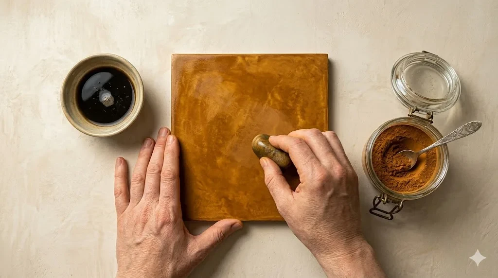 Hand poliert eine Fliese mit Naturfarben, traditionelle Farbherstellung