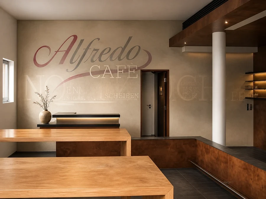 Innenraumgestaltung im Alfredo Café, moderne Referenz von Farbgestalt mit Holz- und Wanddesign