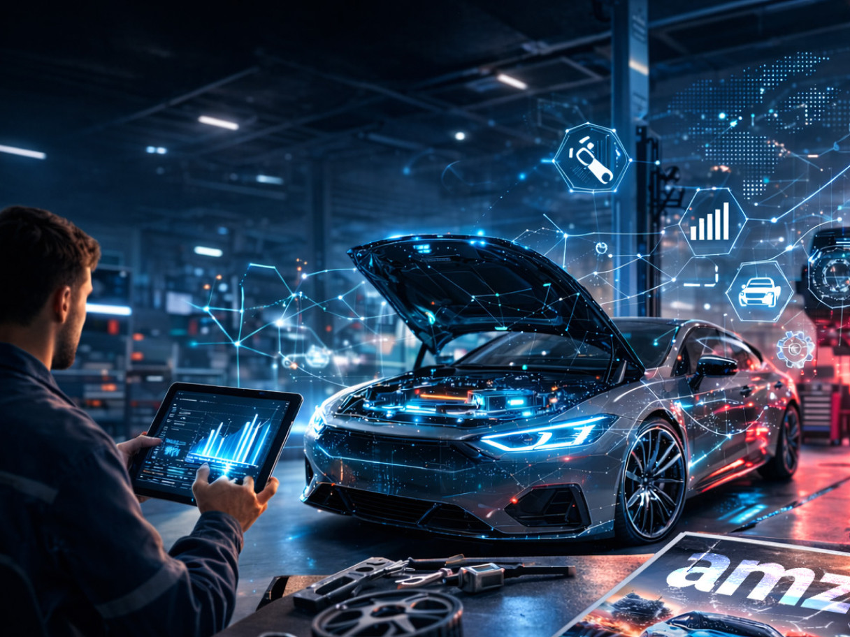 Moderne Autowerkstatt mit digitaler Fahrzeugdiagnose und Tablet, High-Tech-Auto mit geöffneter Motorhaube