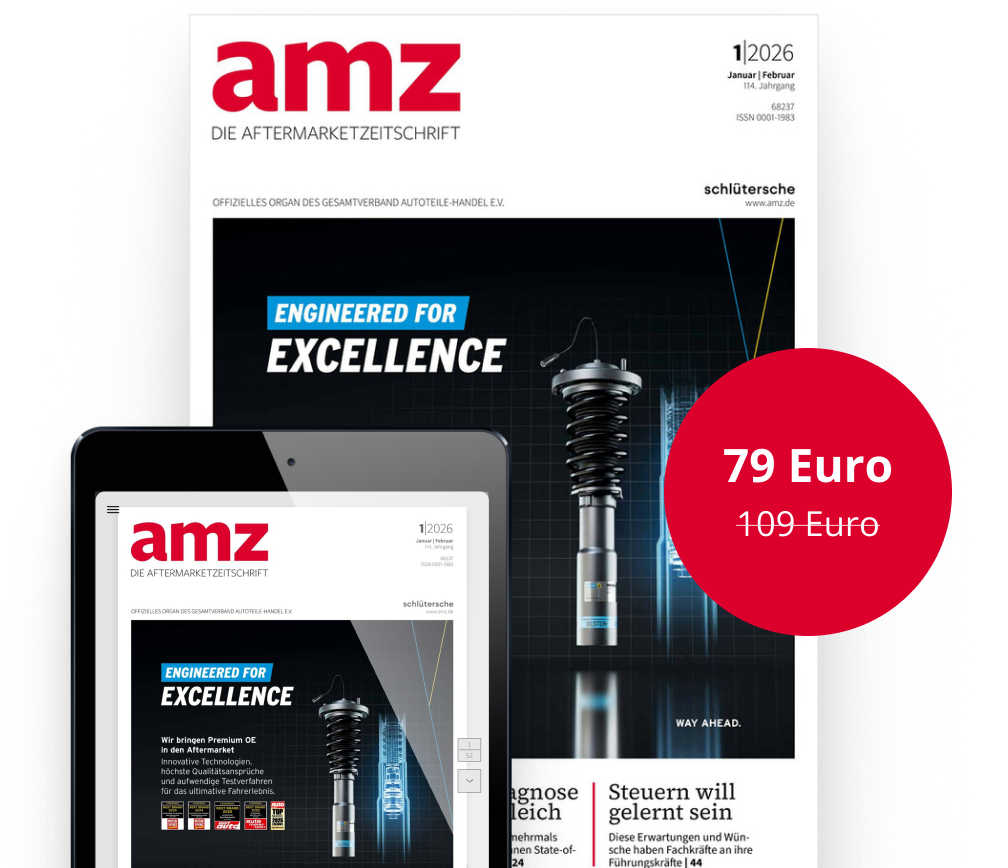 Titelblatt der amz Aftermarketzeitschrift Ausgabe 1/2026 auf Desktop und Tablet mit Angebotspreis 79 Euro