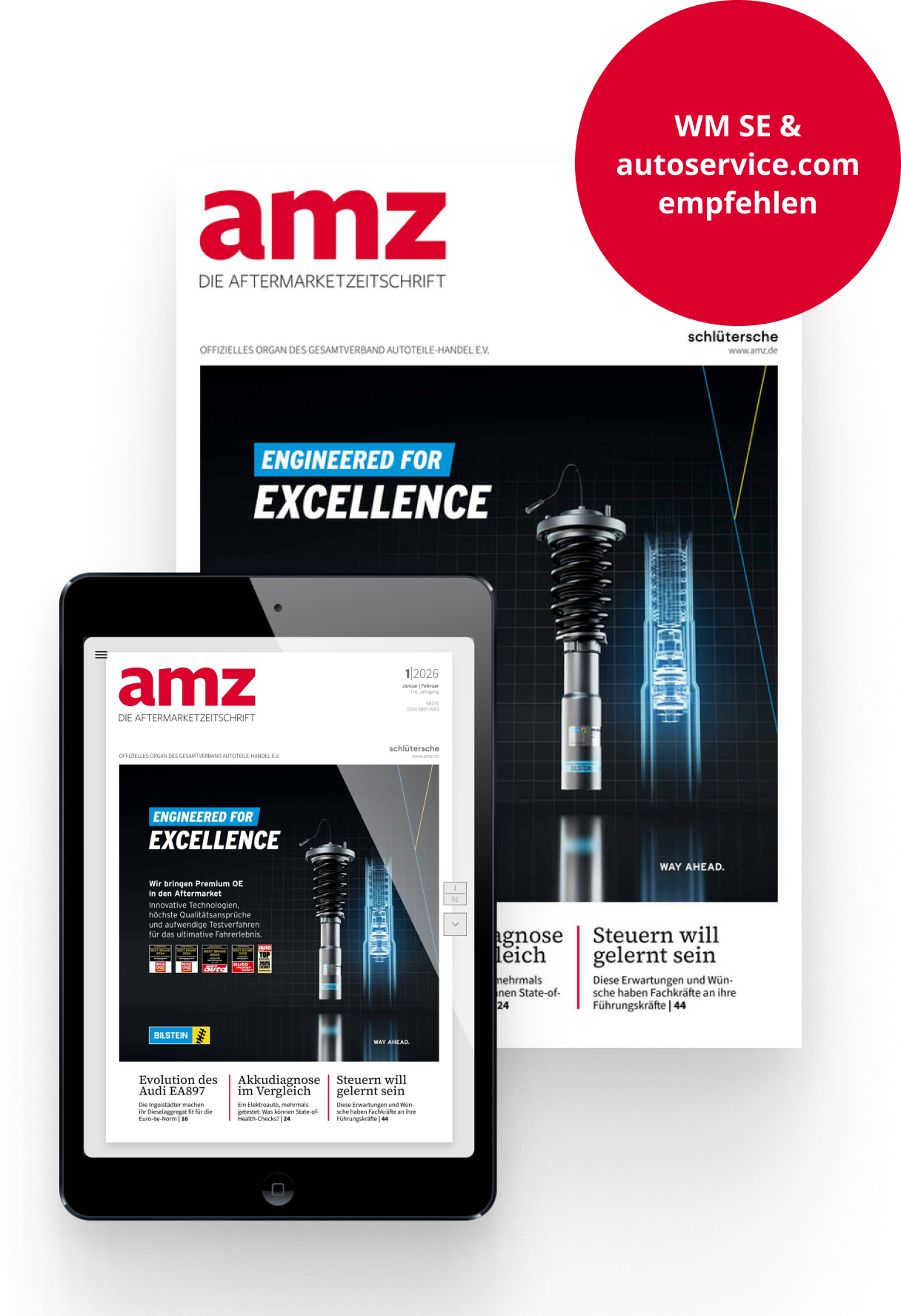 Titelblatt und digitale Ausgabe der amz Aftermarketzeitschrift mit Bilstein Anzeige