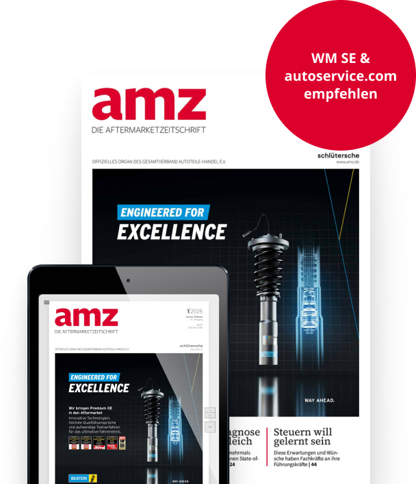 Titelbild der amz Aftermarketzeitschrift auf Tablet und Print-Ausgabe mit dem Slogan 'Engineered for Excellence'