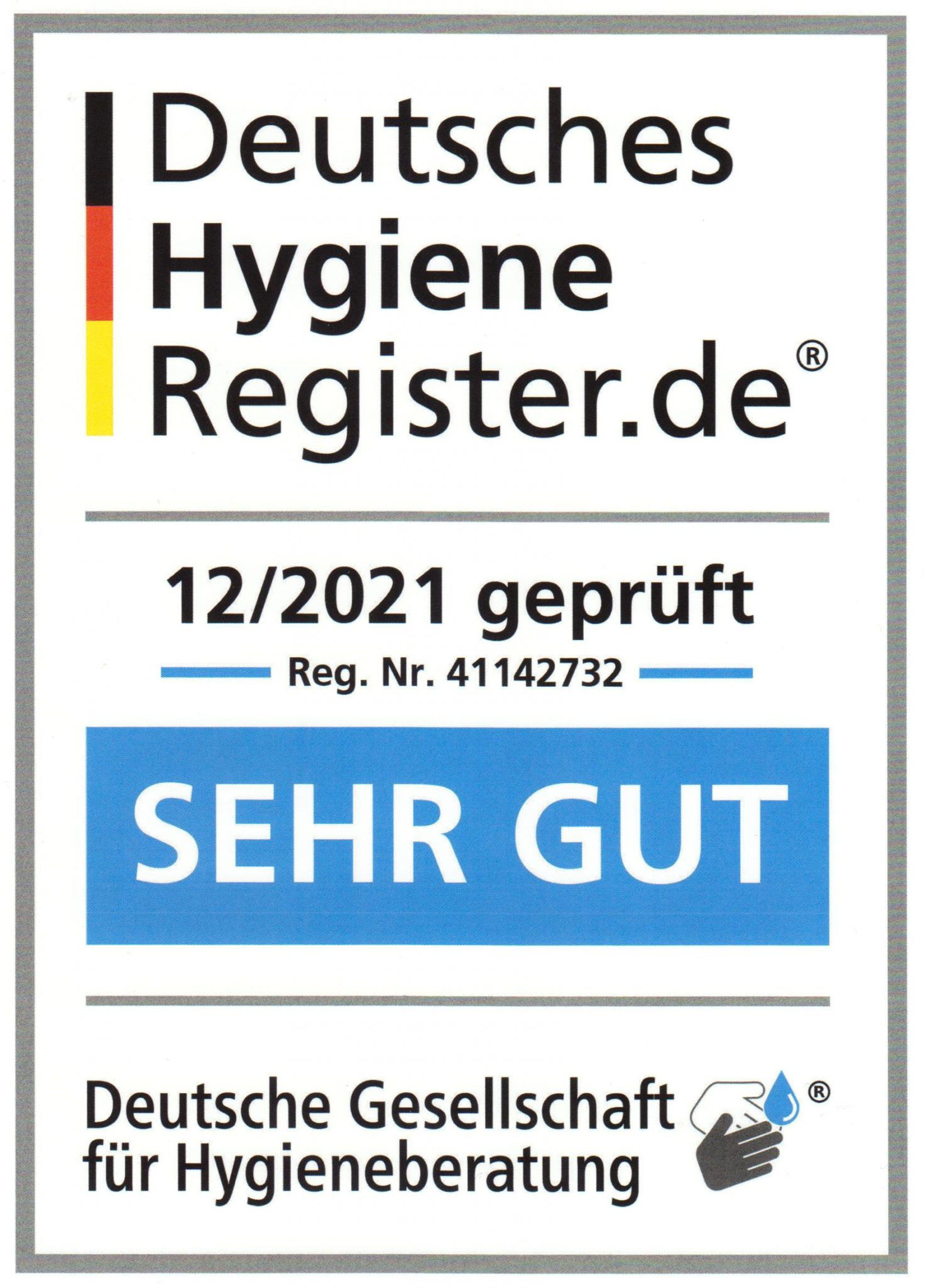 Hygienesiegel farbig 2021 vom Hygiene Register mit Bewertung sehr gut