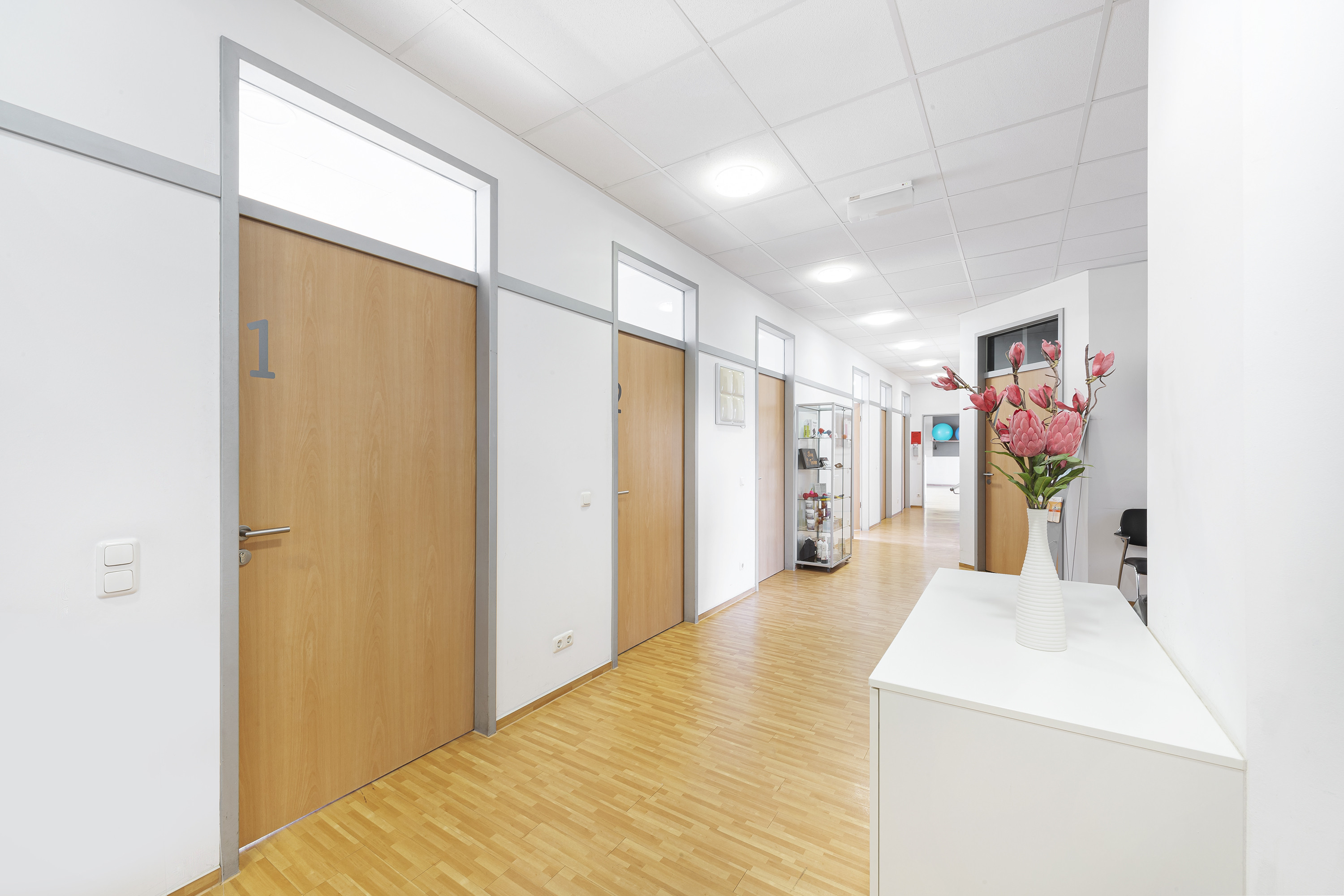 Moderner Flur in der Reha Medicus Praxis mit hellen Türen und Blumenarrangement