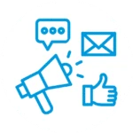 Icon für Qualität mit Megafon, Daumen hoch, Sprechblase und Briefsymbol