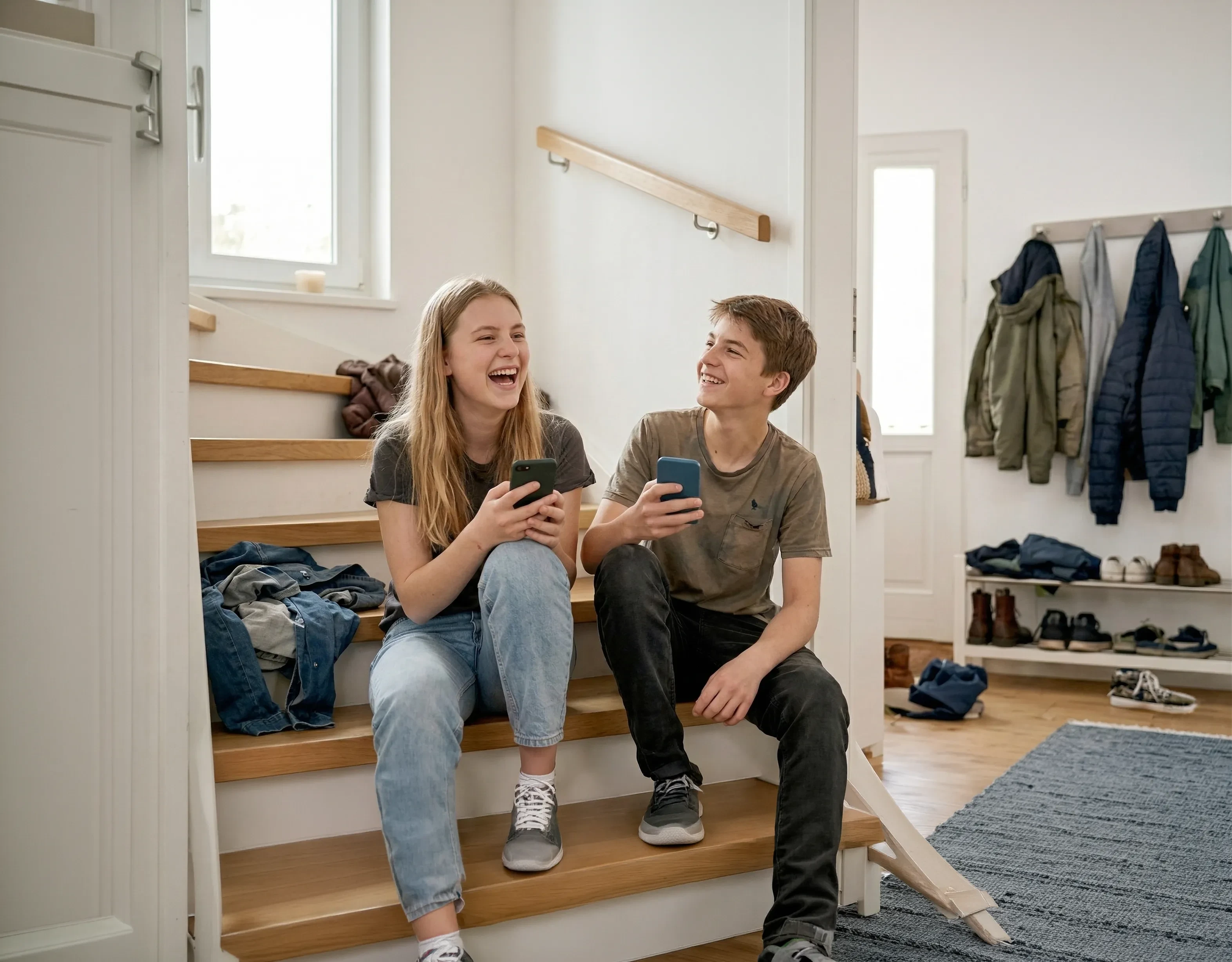 Zwei Jugendliche sitzen auf einer Treppe und nutzen ihre Smartphones in einem modernen Flur