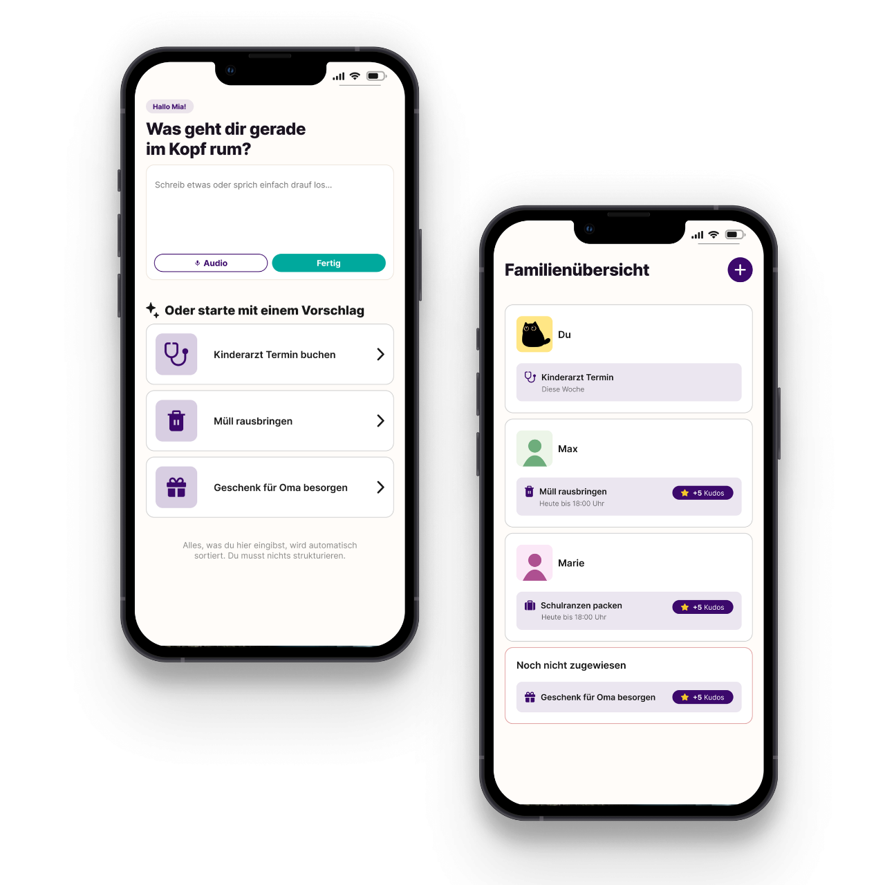 App-Design für Familienorganisation mit Aufgabenübersicht und Vorschlägen auf zwei Smartphones