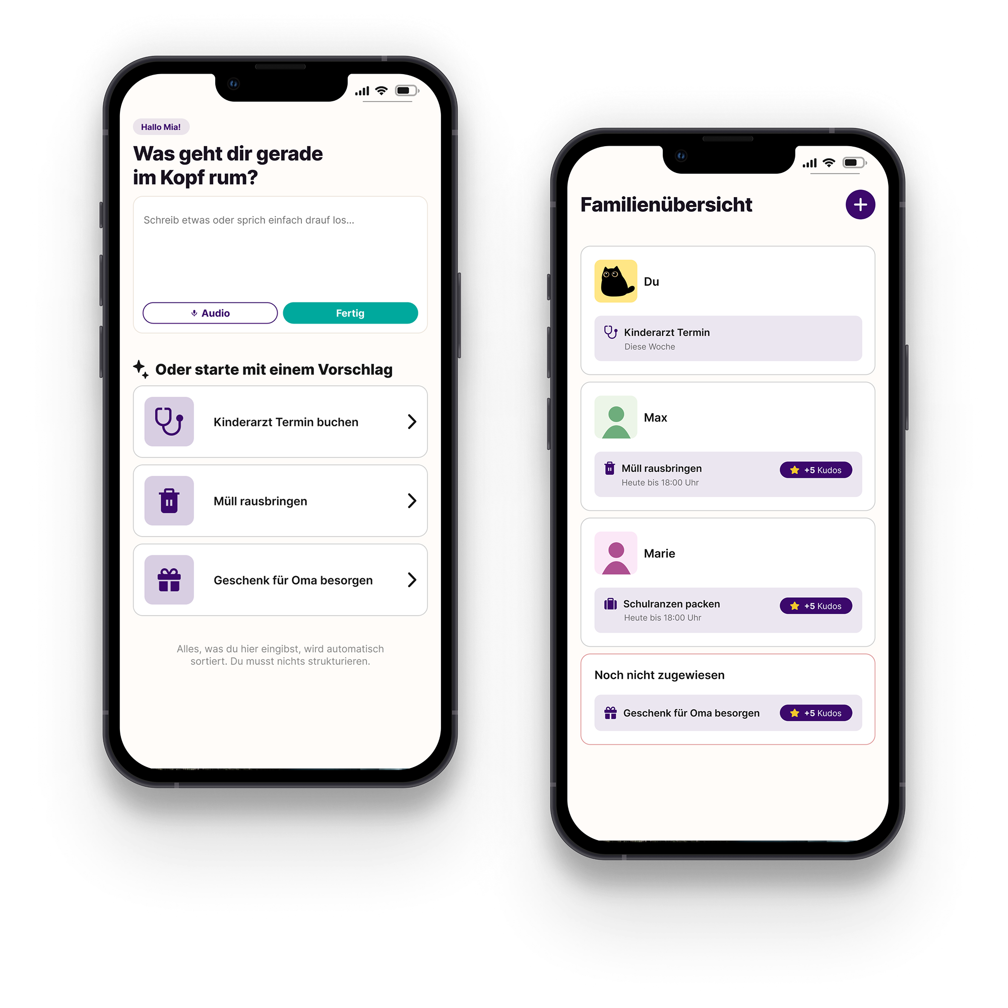 Kudo Mockups: Zwei Smartphone-Screens mit Familienorganisations-App, Aufgabenübersicht und Vorschlägen.