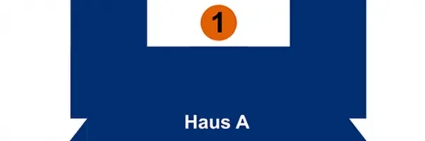 Beschilderung Haus A mit der Nummer 1 auf blauem Hintergrund