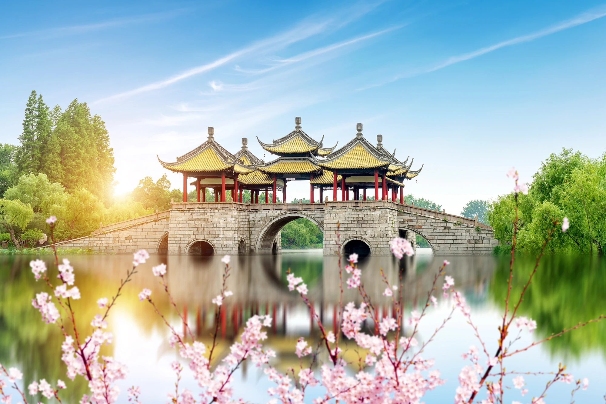Headerbild Startseite mit traditioneller chinesischer Brücke und Kirschblüten