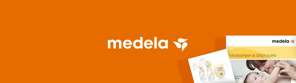 Bibliothek Header mit Medela Logo auf orangem Hintergrund