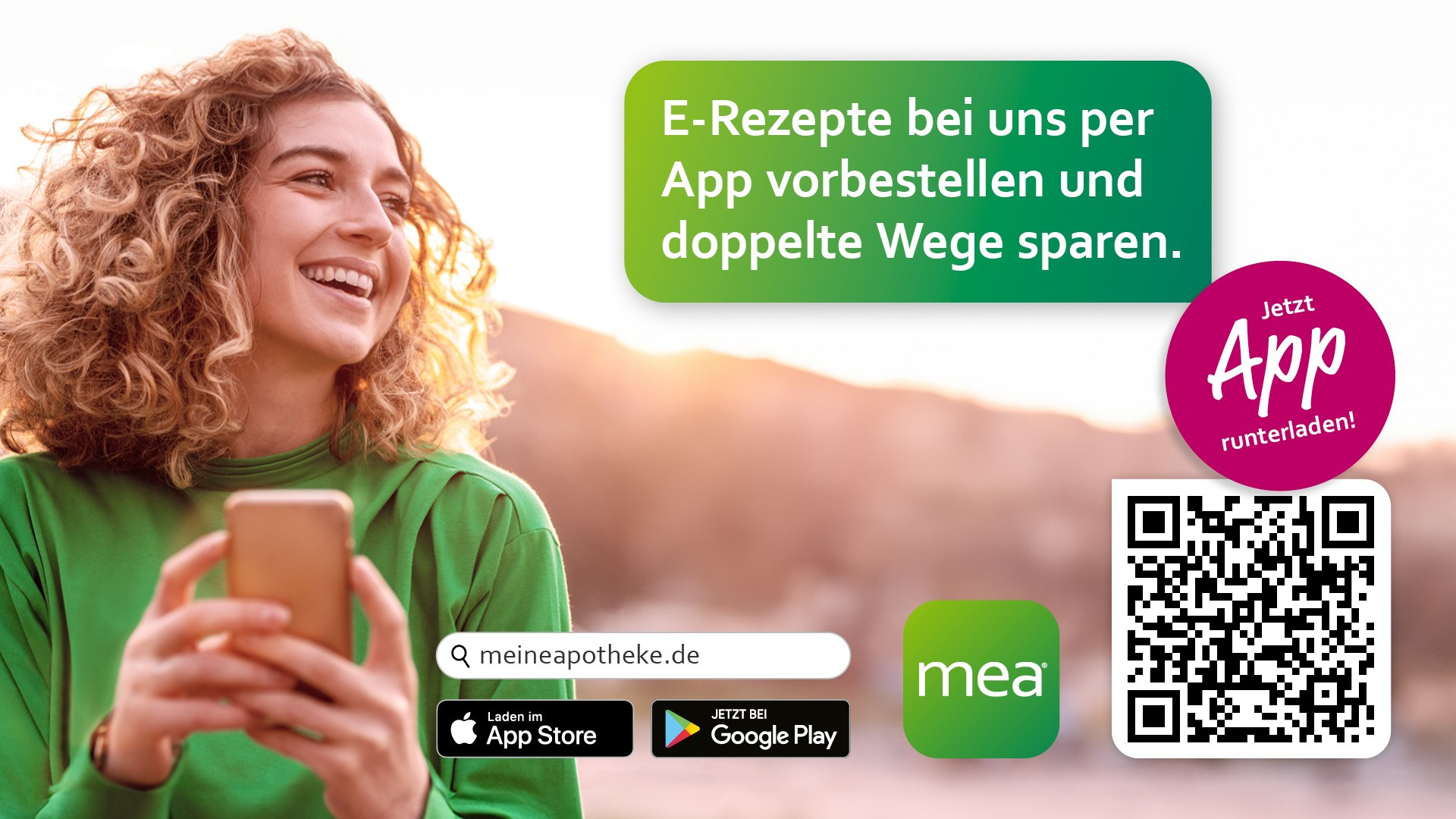 Werbung für die meineapotheke.de App im Querformat mit Hinweis auf E-Rezepte und App-Download