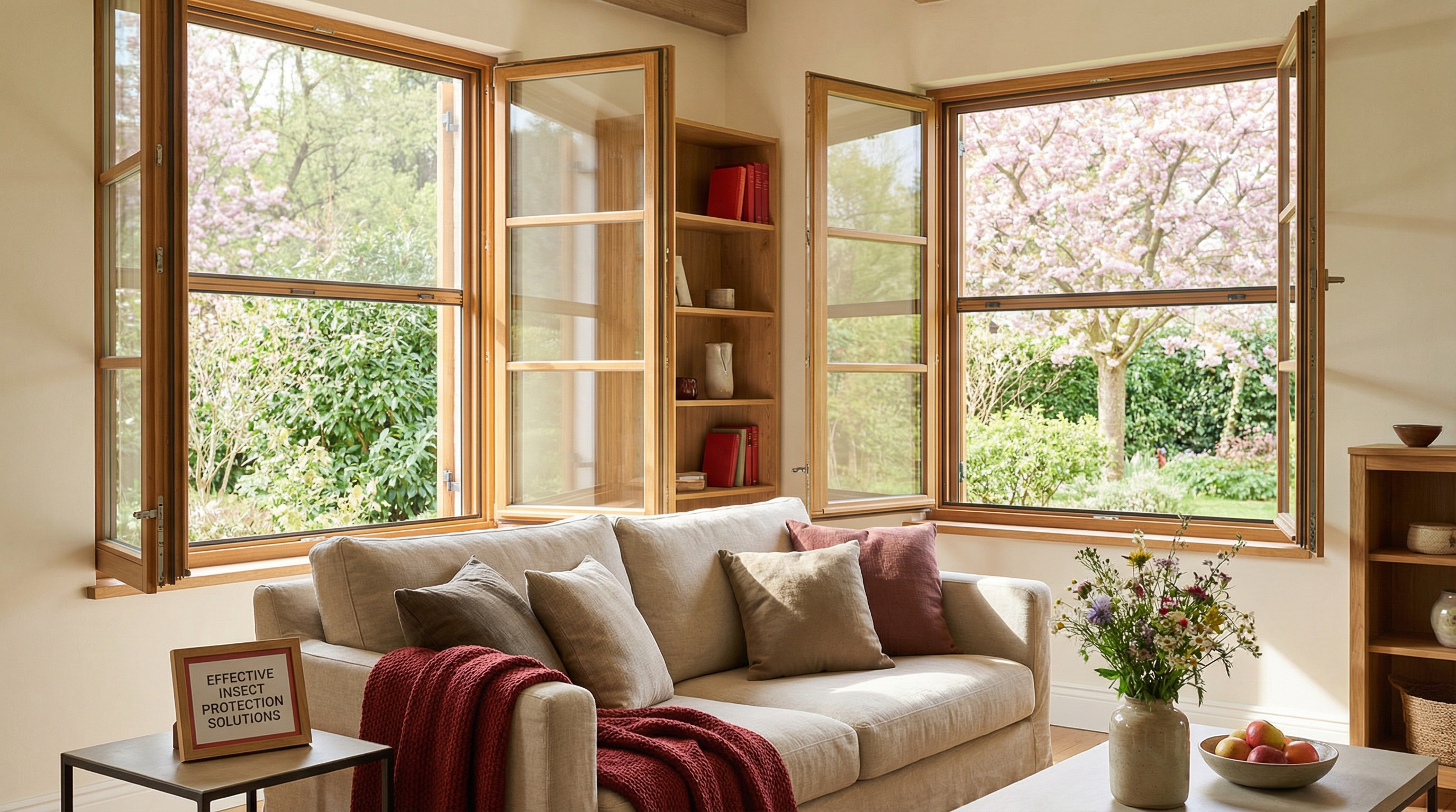 Helles Wohnzimmer mit beiger Couch, offenen Holzfenstern und Blick ins Grüne