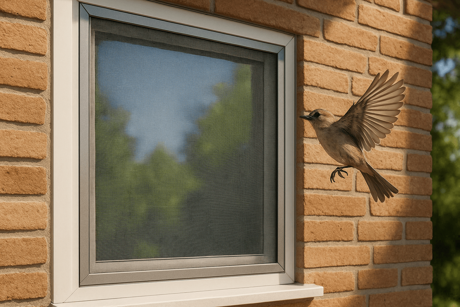 Vogelschutz am Fenster: Vogel fliegt vor ein geschütztes Fenster mit Insektenschutzgitter