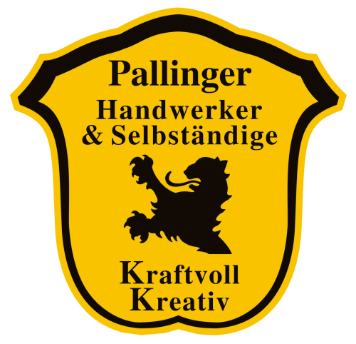 Wappen der Pallinger Handwerker & Selbständige in gelb-schwarz mit Löwenmotiv und den Worten 'Kraftvoll Kreativ'