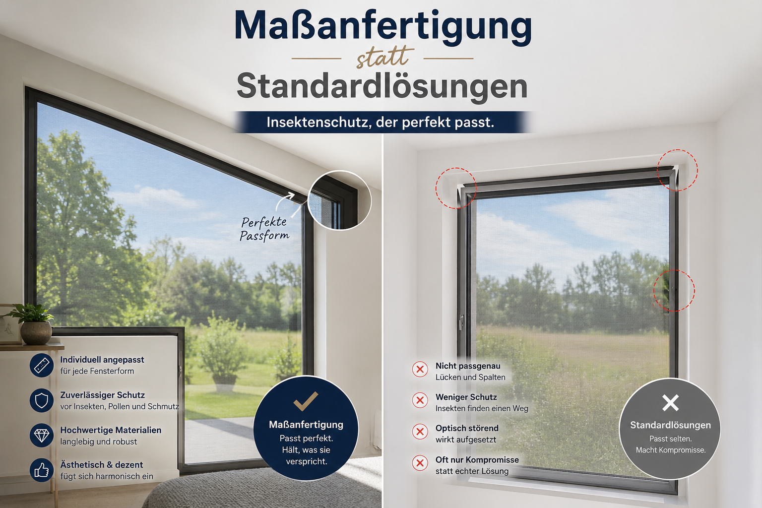 Vergleich von maßgefertigtem und Standard-Insektenschutz am Fenster mit Vorteilen der Maßanfertigung