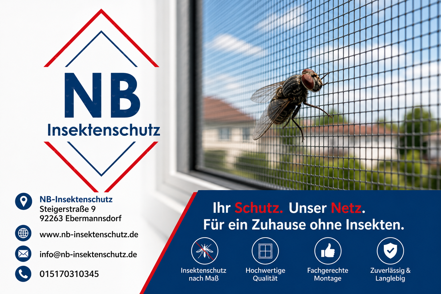 Firmenschild von NB Insektenschutz mit Fliegengitter am Fenster und Fliege, Insektenschutz nach Maß