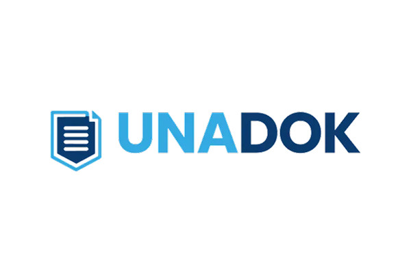 UNADOK Logo in Blau mit stilisiertem Dokumentensymbol