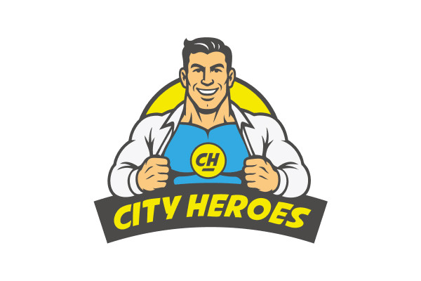 City Heroes Logo mit Superhelden-Figur und gelbem Schriftzug